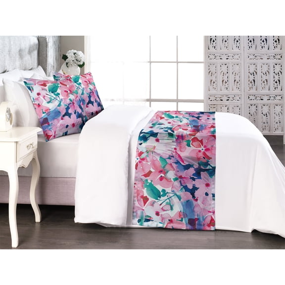 Japanese Vibes Bed Runner Set, Wild Jungle Theme Watercolor Sakura Pattern Bohemian Print, Decorative Bedding Scarf & 2 Pillow Shams for Hotels Homes, Queen, Pale Pink Hot Pink Quartz, by Ambesonne