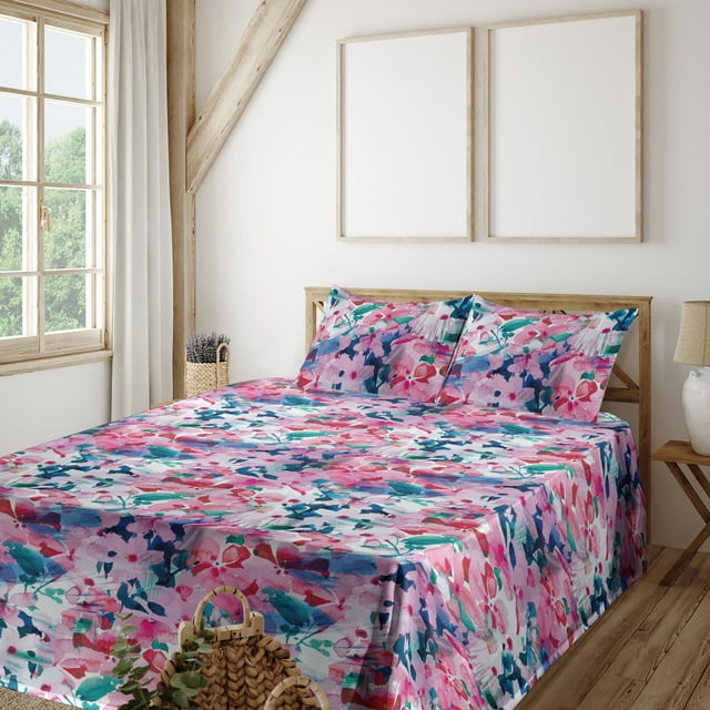 Japanese Vibes Sheet Set, Wild Jungle Theme Watercolor Sakura Pattern Bohemian Print, Fitted & Flat Sheet with Pillowcase Bedding Accent 4 Pcs Set, Queen, Pale Pink Hot Pink Quartz, by Ambesonne