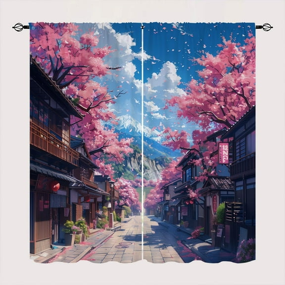 Japanese Village Blackout Curtains for Kid Girls Boys Bedroom, Pink Cherry Blossom Trees Anime Rod Pocket Thermal Insulated Darkening Window Drapes for Bedroom Living Room, W84 x L84 Inch