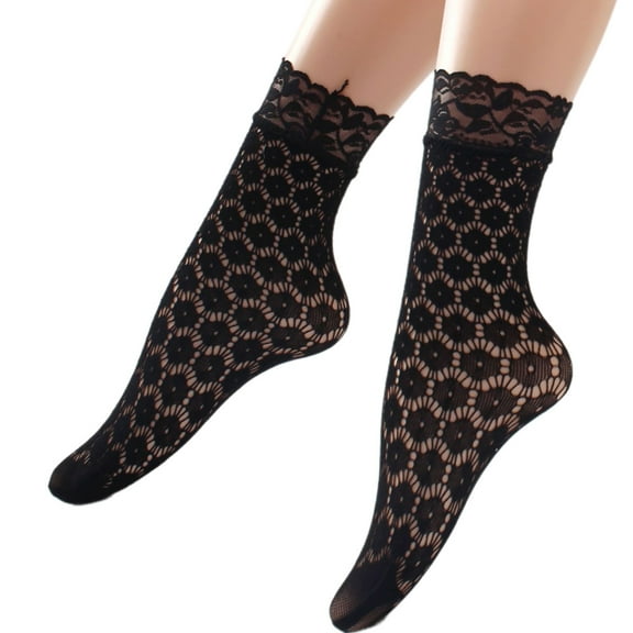 Japanese Vintage Black Ankle Socks with Lace Trim for Women Elegant Hollowout Geometric Patterned Short Socks
