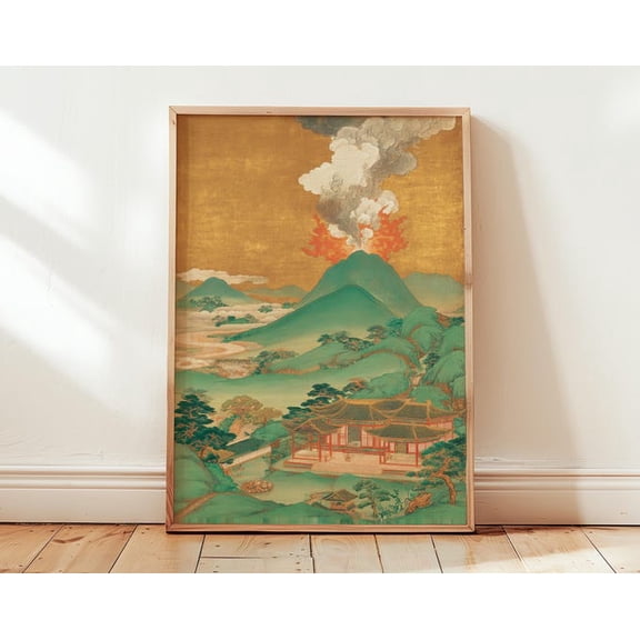 Japanese Volcano Landscape Green Mountains Temple Wall Art, Unframed Paper Poster 24x36in