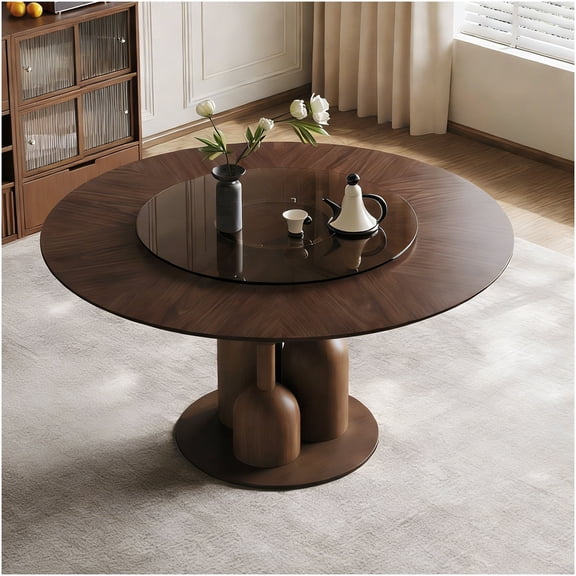 Japanese Wabi Sabi Round Dining Table with Built-in Lazy Susan, Handcrafted Solid Wood Live Edge Table for Modern Dining Room