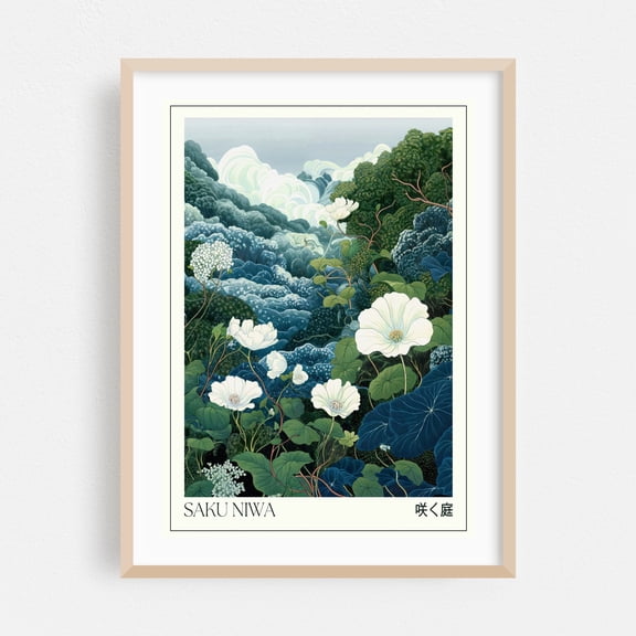 Japanese Wall Art Blue Chinoiserie Print Sage Green Wall Art Floral Painting Wabi Sabi printable Wall Art Japandi Birthflower gift for her - Japan Painting Zen Oak Framed Wall Art Print 5 x 7 inches