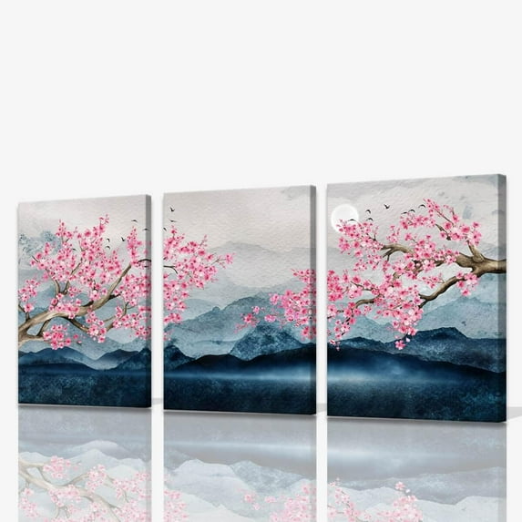 Japanese Wall Art Cherry Blossom Tree Pictures for Wall Decorations Pink Wall Decor Floral Wall Pictures for Bathroom Canvas Art for Bedroom Framed 12x16inchx3pcs