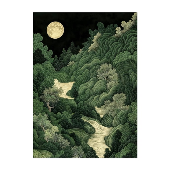 Japanese Wall Art Maximalist Moon Print japandi Art Wabi Sabi Painting Sage Green dopamine decor poster - Japan Painting Forest Moon Nature Night Sky Woodland Unframed Wall Art Print 4 x 6 inches