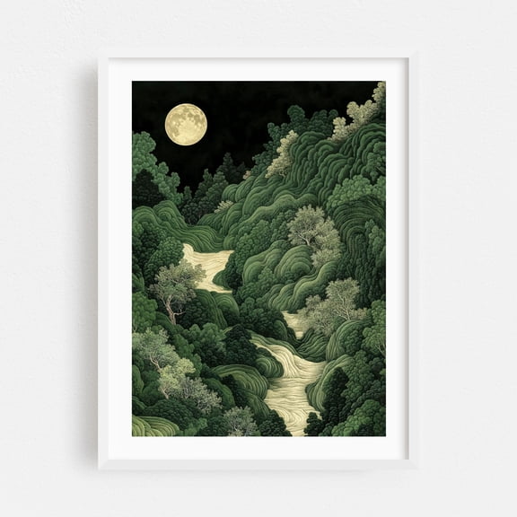Japanese Wall Art Maximalist Moon Print japandi Art Wabi Sabi Painting Sage Green dopamine decor poster - Japan Painting Forest Moon Nature Night Sky Woodland White Framed Wall Art Print 5 x 7 inches