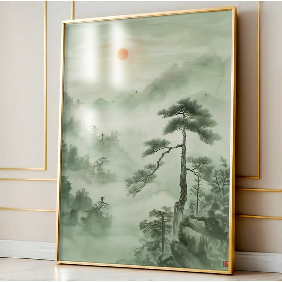 Japanese Wall Art, Mountain Wall Art, Forest Morning Art, Japandi Decor, Minimalist Wall Art, Forest Landscape, Green Wall Art, Wall Art, Modern Wall Decor, 8x12 UNFRAMED