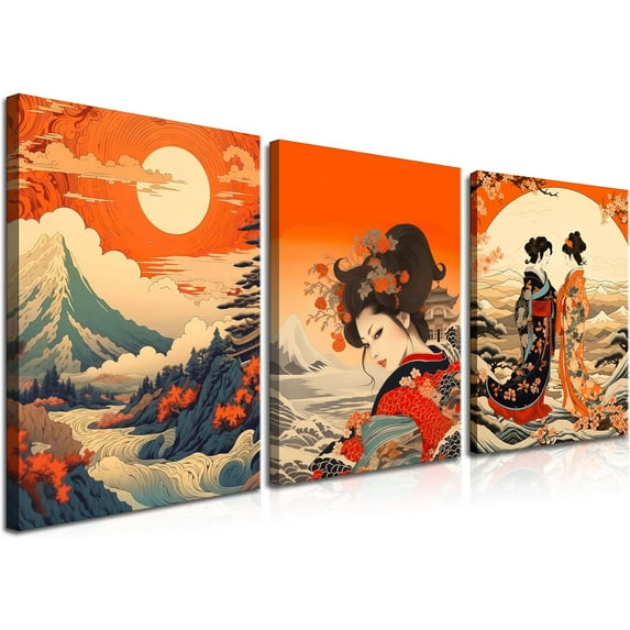 Japanese Wall Art, Nature Landscape Giant Wave Canvas Wall Decor Paintings, Asian Cherry Blossom Geisha Woman Aesthetics Posters Prints for Living Room Bedroom(Only canvas)