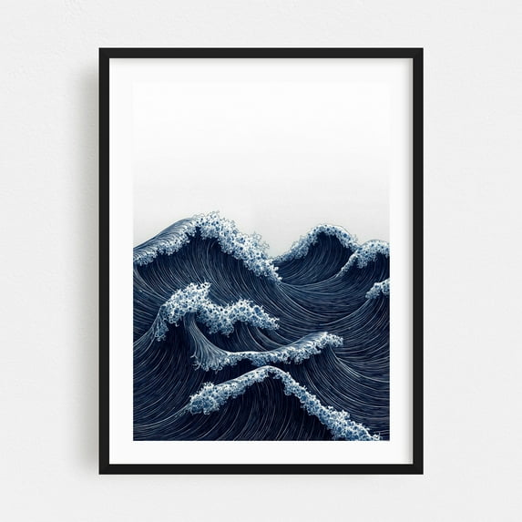 Japanese Wall Art Ocean Wall Art Minimalist Print Navy Blue Surf Wall Art Japandi Wall Art Wabi Sabi Painting - Japan Painting Waves Ocean Seascape Marine Life Black Framed Wall Art Print 6 x 8 inches