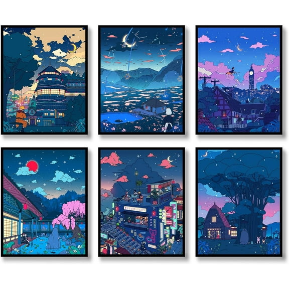 Japanese Wall Art Prints Set of 6 Comic Wall Art Starry Sky Posters Skyline Mount Picture Canvas Art Painting for Living Room Boys Room Bedroom Wall Decor (8"x10" UNFRAMED)