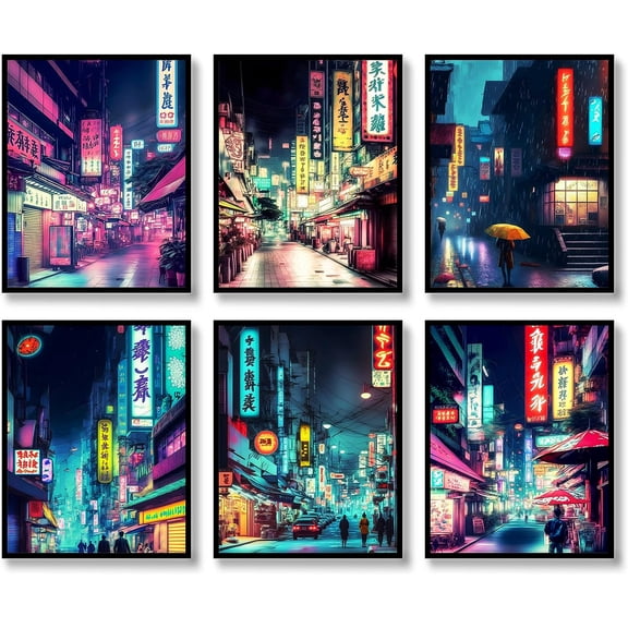 Japanese Wall Art Prints Set of 6 Japan Neon Posters Abstract Illustration Wall Decor Tokyo Night Streets Picture Canvas Art Painting for Living Room Bedroom Wall Art (8"x10" UNFRAMED)