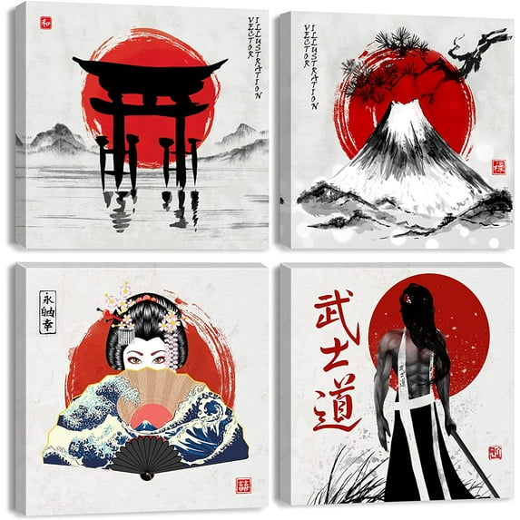Japanese Wall Art Samurai Geisha Fuji Mountain Canvas Pictures for Living Room Bedroom Red Artwork Modern Vintage Black and White Asian Painting Office Kitchen Home Decoration 12×12" 4Pcs