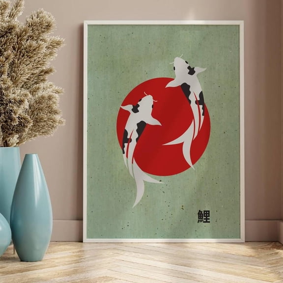 Japanese Wall Art Set Of 2, Koi Fish & Crane Print, Japandi Style, Vintage Aesthetic, Trendy Minimalist Japanese Art Print Wall Art, Modern Wall Decor, 12x18 UNFRAMED