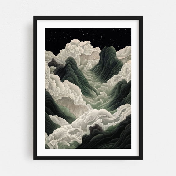 Japanese Wall Art Studio Ghibli Anime Poster Sage Green Wabi Sabi Painting Mountain Wall Art - Japan Painting Surrealism Mountain Night Sky Fantasy Landscape Black Framed Wall Art Print 5 x 7 inches