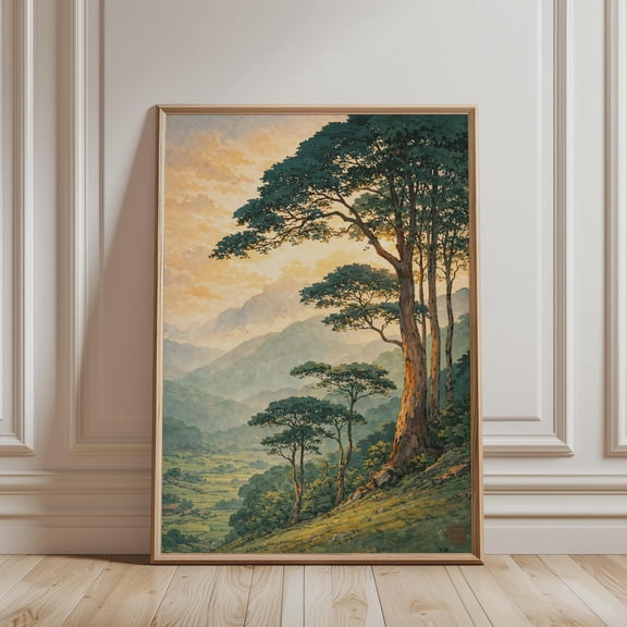 Japanese Wall Art - Vintage Mountain Forest Print, Asian Retro Nature Landscape Art, Poster for Rustic Farmhouse Decor, Poster Only