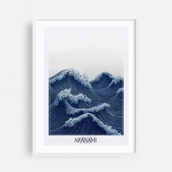 Japanese Wall Art Wabi Sabi Painting Ocean Wall Art Minimalist Print Navy Blue Japandi Art chinoiserie poster - Japan Painting Waves Ocean Seascape Nautical White Framed Wall Art Print 24 x 36 inches