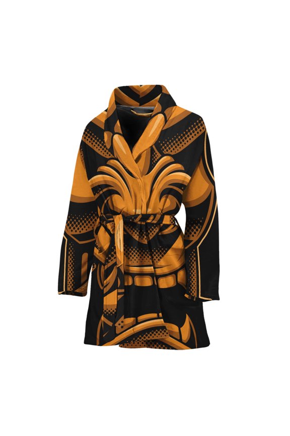 Japanese Warrior Mask Women Bathrobe One Size Univeral Fits, Samurai Fashion Lightweight Plush Fleece Long Robe For Women