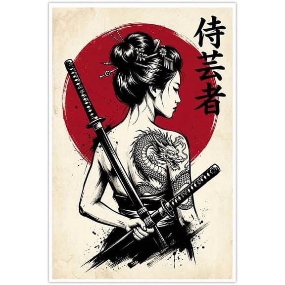Japanese Warrior Woman Canvas Wall Art Poster Black White Red Sun Geisha Dragon Tattoo Samurai Katana Sword Asian Inspired Room Decor for Living Room Bedroom Home