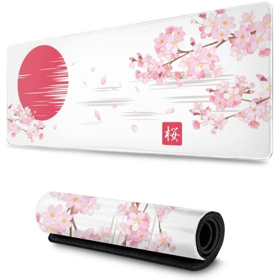 Japanese Watercolor Cherry Blossom Gaming Mouse Pad XL,Extended Non Slip Rubber Desk Mat Waterproof Stitched Edges Mousepad 31.5 X 11.8 Inch