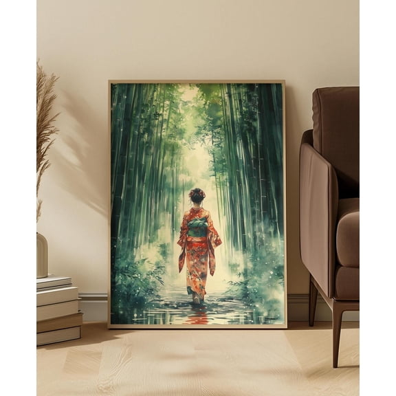 Japanese Watercolor Style Kimono Art Print Emerald Tranquil Arashiyama Bamboo Scene