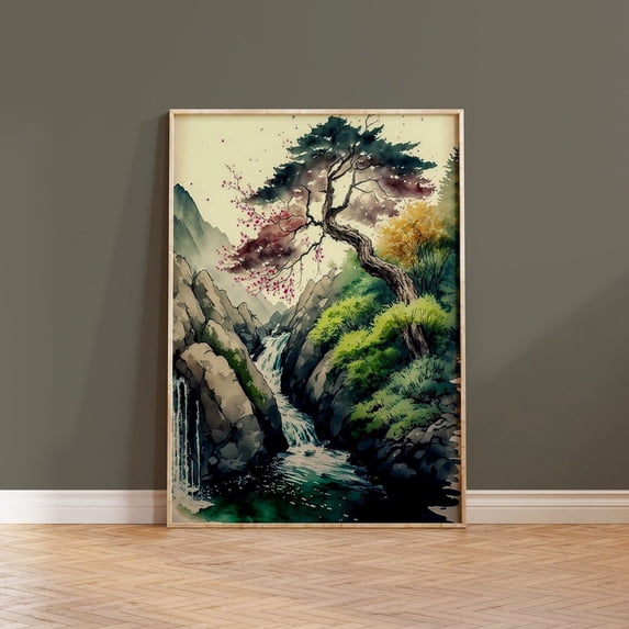 Japanese Waterfall Landscape Boho Wall Art, Unframed Canvas 12x16in