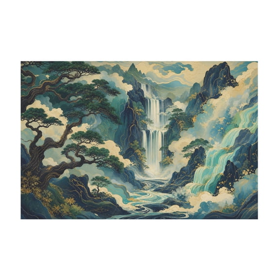 Japanese Waterfall Nature Scenery Abstract Blue Zen Canvas Wall Art For Living Room Bedroom Office Decor 16"x24 in