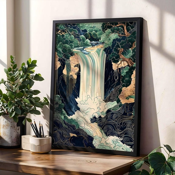 Japanese Waterfall Wall Art Print Poster Gold Line Landscape Poster Zen Nature Decor for Bedroom Living Room or Meditation Space Aesthetic Wall Art, Size 16x24 UNFFRAMED F03.1.6l1783