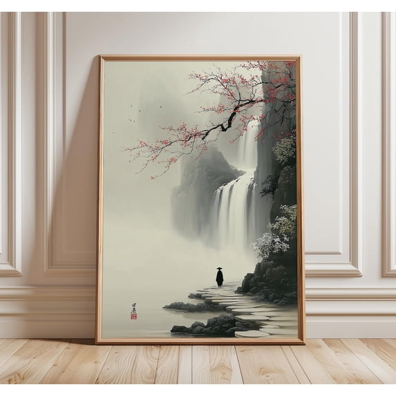 Japanese Waterfall Wall Art Zen Landscape Traditional Asian Ink Art ...