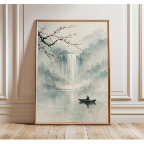 Japanese Waterfall Wall Art Zen Landscape With Boat Misty Waterfall Scene Sumi E Style Tranquil Nature Decor, Unframed Paper Print