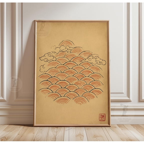 Japanese Wave Arch Minimal Red Line Abstract Wall Decor Art Decor, Unframed Canvas
