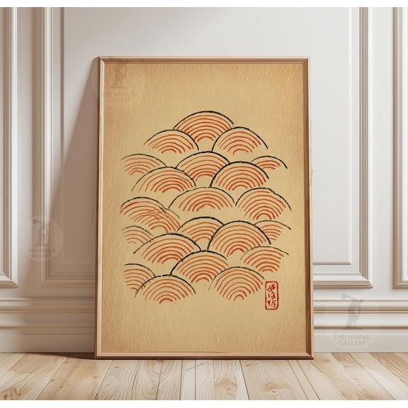 Japanese Wave Arch Minimalist Red Line Abstract Wall Art Decor Art, Stretched Canvas