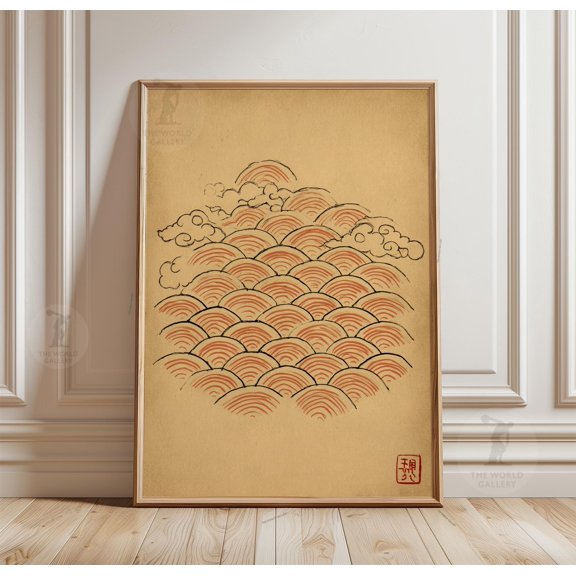Japanese Wave Arch Print, Minimal Red Line Abstract Wall Decor, Poster Only