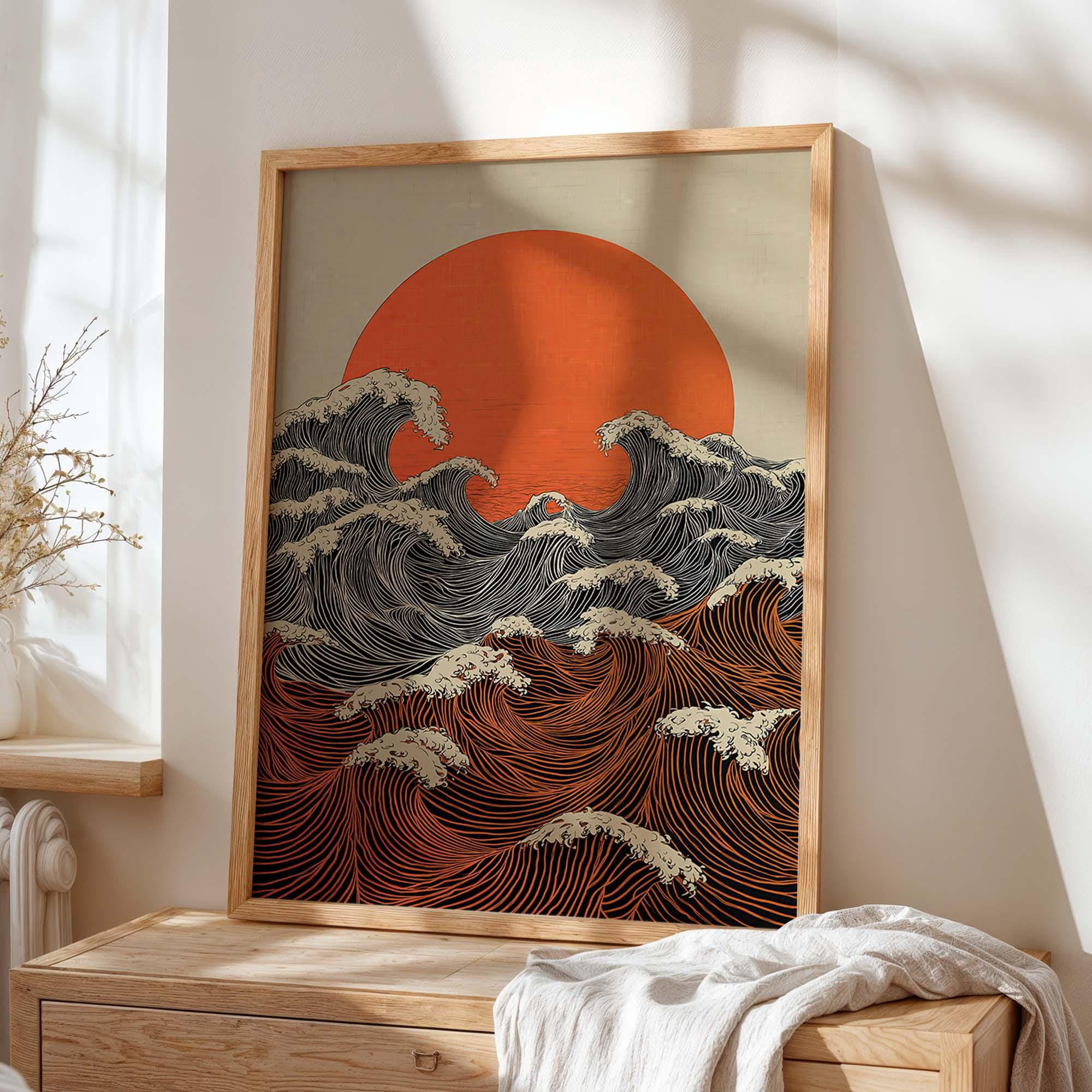 Japanese Wave Art Print Orange Sun Seascape Poster Hokusai Inspired ...
