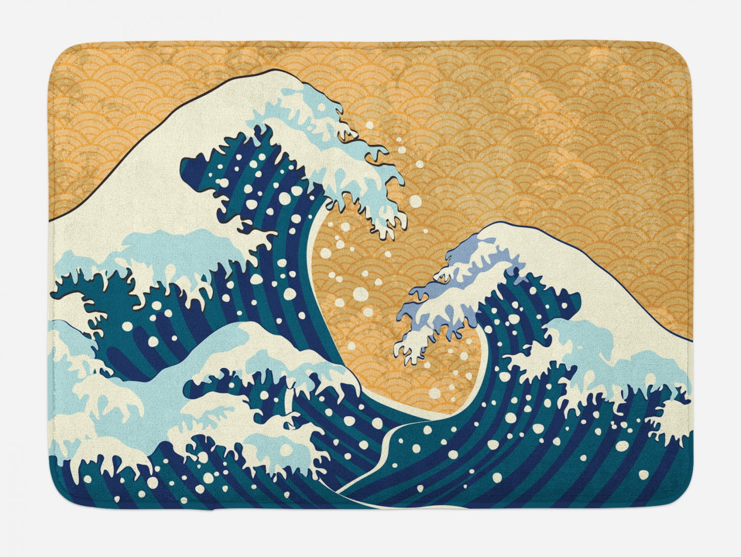 Japanese Wave Bath Mat, Sea Storm in Japan Traditional Drawing Foamy Great Waves, Non-Slip Plush Mat Bathroom Kitchen Laundry Room Decor, 29.5 X 17.5 Inches, Earth Yellow Dark Blue White, Ambesonne
