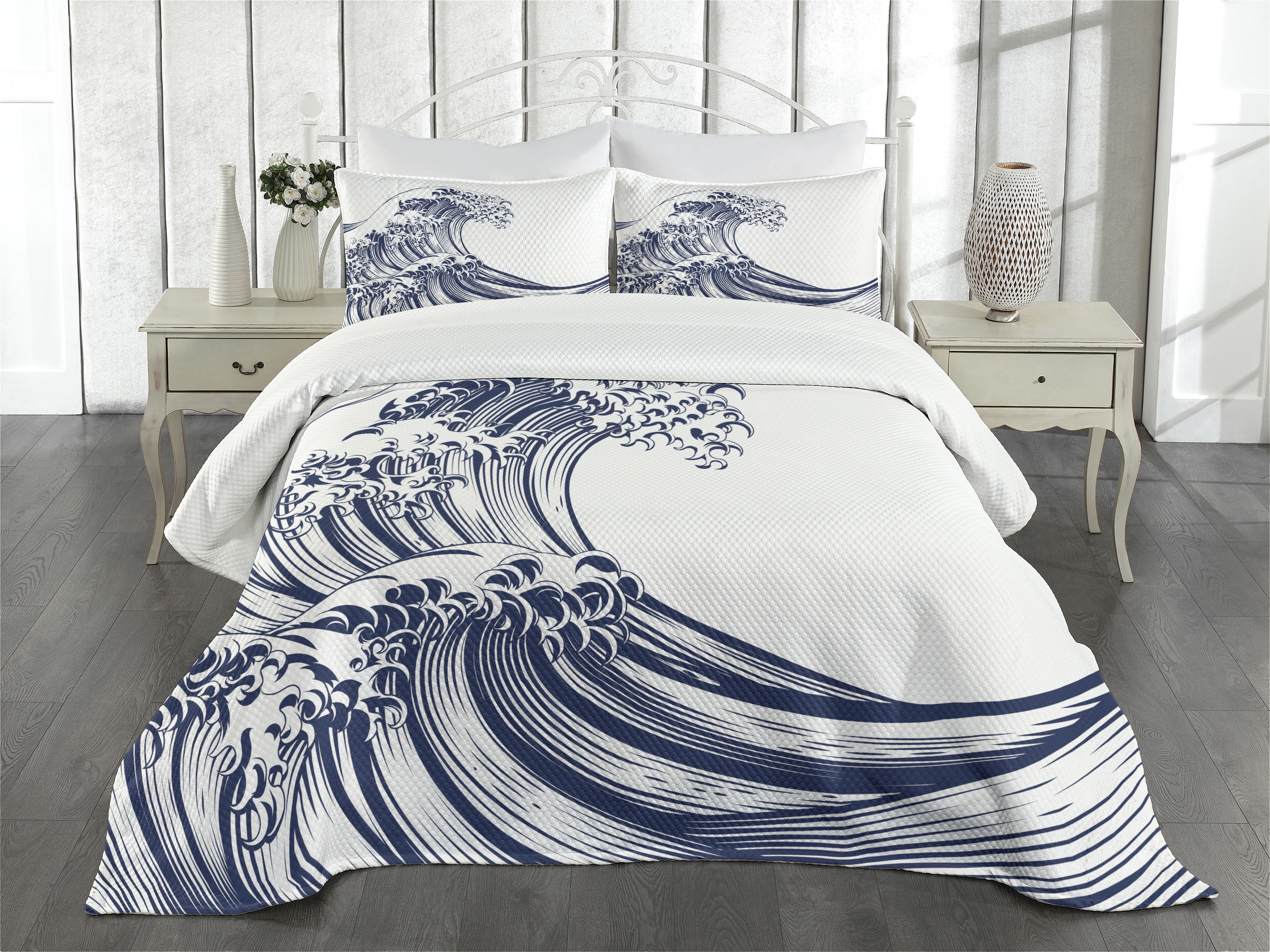 Japanese Wave Bedspread Set Queen Size, Oriental Vintage Great Wave