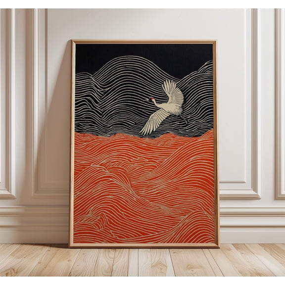 Japanese Wave Bird Minimal Line Art Ocean Illustration Wall Decor Unframed Paper Print