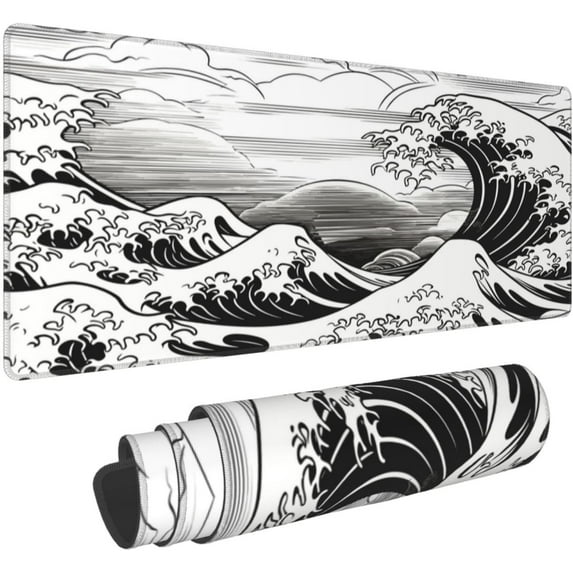 Japanese Wave Black and White Gaming Mouse Pad XL, Large Non Slip Rubber Mousepad, Stitched Edges Mouse Pads, Long Extended Mice Pad,31.5'''' X 11.8''''