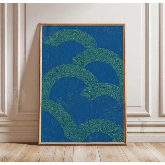 Japanese Wave Blue Green Seigaiha Abstract Coastal Art Decor Art, Unframed Canvas