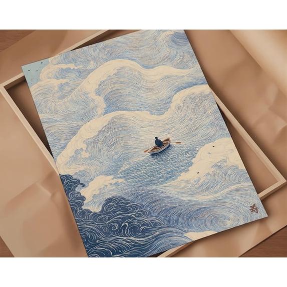 Japanese Wave Boat At Sea Ocean Wall Art, Unframed Paper Poster 8x10in