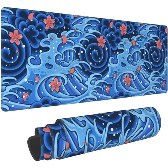 Japanese Wave Cherry Blossom Blue XXL XL Large Gaming Mouse Pad for Desk, Non-Slip Long Extended Keyboard Pads Mousepad Rubber Table Mat 31.5 X 11.8 Inch