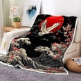 thumbnail image 1 of Japanese Wave Cherry Blossom Throw Blanket, Vintage Japanese Crane Wildlife Animal Red Sun Ocean Wave Anime Soft Warm Flannel Black Blanket for Bed Sofa,40X50, 1 of 5