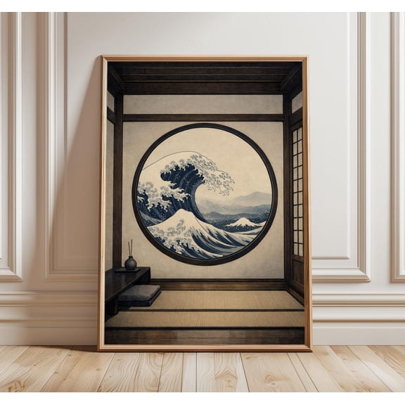 Japanese Wave Circle Window Print Japandi Ocean Wall Art Minimal Zen Wave Artwork Indigo Coastal Decor, Unframed Paper Print