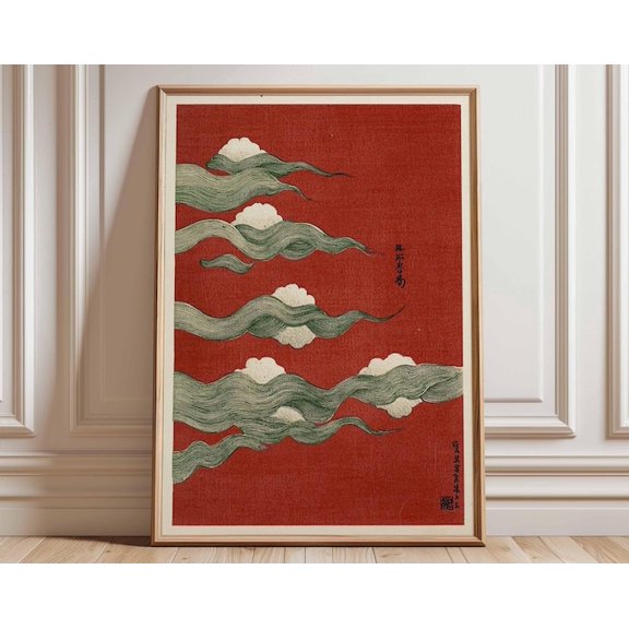 Japanese Wave Cloud Red Wall Art Print, Unframed Paper Poster 24x36in