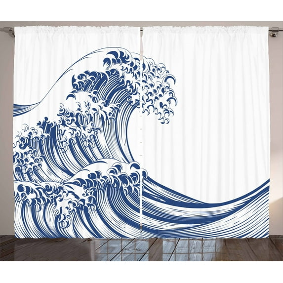 Ambesonne Japanese Wave Curtains 2 Panel Set, Oriental Vintage, 108" x 108", Navy Blue White
