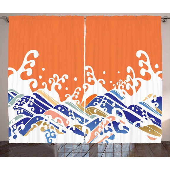 Ambesonne Japanese Wave Curtains 2 Panel Set, Vibrant Spindrift, 108" x 63", Multicolor