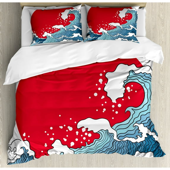 Japanese Wave Duvet Cover Set, Big Red Sun Setting Scenery Tropical Nautical Tsunami Swirls, Decorative 3 Piece Bedding Set with 2 Pillow Shams, King Size, Red Blue White, by Ambesonne