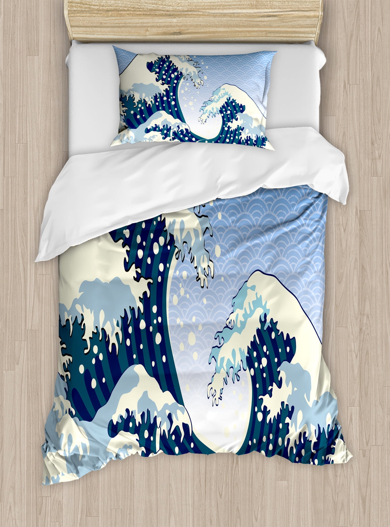 Japanese Wave Duvet Cover Set, Far Eastern Painting Oceanic Storm