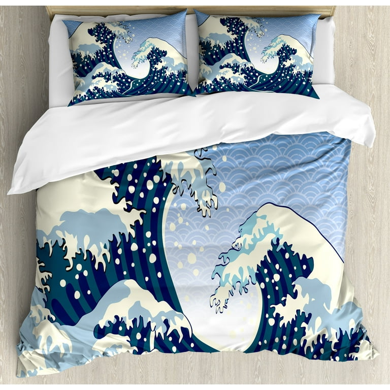 Japanese Wave Duvet Cover Set, Far Eastern Painting Oceanic Storm
