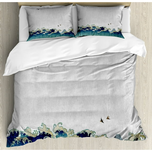 Japanese Wave Duvet Cover Set King Size, Aquatic Swirls Birds of Ocean Ukiyo-e Style Artwork Greyscale Background, Decorative 3 Piece Bedding Set with 2 Pillow Shams, Grey Blue Cream, by Ambesonne