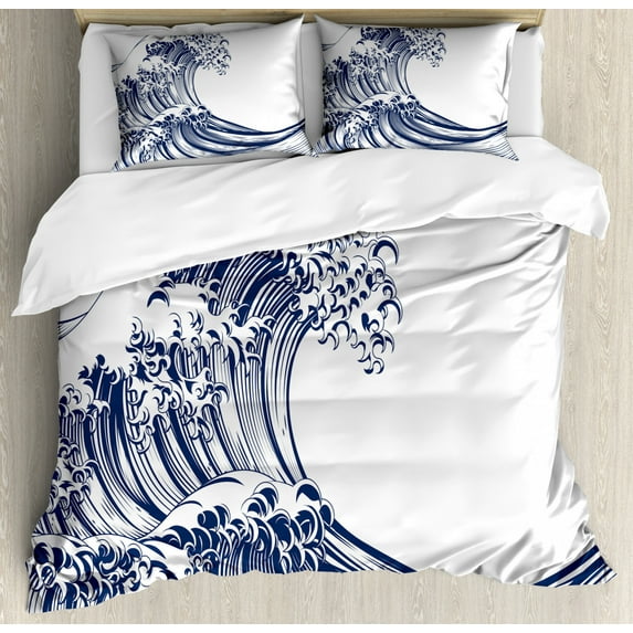 Japanese Wave Duvet Cover Set King Size, Oriental Vintage Great Wave Monochrome Kanagawa Inspired Antique Art, Decorative 3 Piece Bedding Set with 2 Pillow Shams, Navy Blue White, by Ambesonne